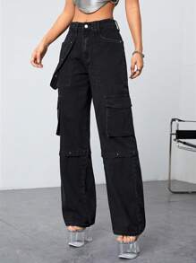 SHEIN ICON 翻蓋口袋工裝牛仔褲 - 黑色 - 查看 4