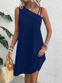 Breezaya 素色不對稱領連衣裙 - 藏蓝色 - 查看 4