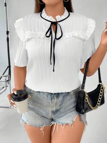 SHEIN Franclia Plus Tie Neck Ruffle Trim Blouse - White - View 4