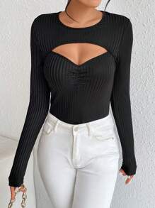 SHEIN Privé Cắt ra phía trước Nếp gấp Phần Ngực Áo thun - màu đen - Xem 6