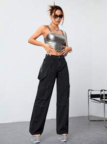 SHEIN ICON 翻蓋口袋工裝牛仔褲 - 黑色 - 查看 5