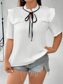 SHEIN Franclia Plus Tie Neck Ruffle Trim Blouse - White - View 6
