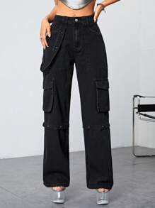 SHEIN ICON 翻蓋口袋工裝牛仔褲 - 黑色 - 查看 6