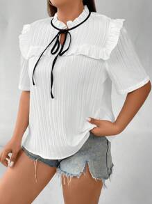 SHEIN Franclia Plus Tie Neck Ruffle Trim Blouse - White - View 7