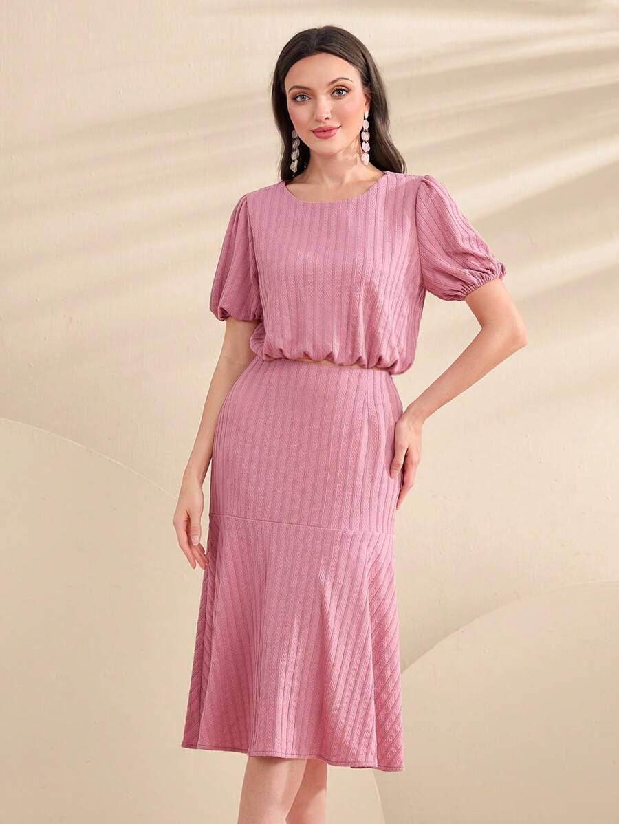 Modelyn Puff Sleeve Top & Mermaid Hem Skirt - Pink - View 1