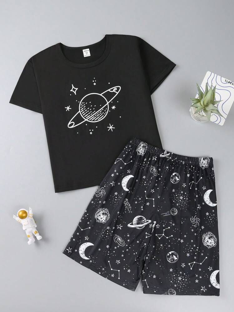 Conjunto de ropa de casa con estampado de planetas espaciales para niños preadolescentes - Negro - Ver 1
