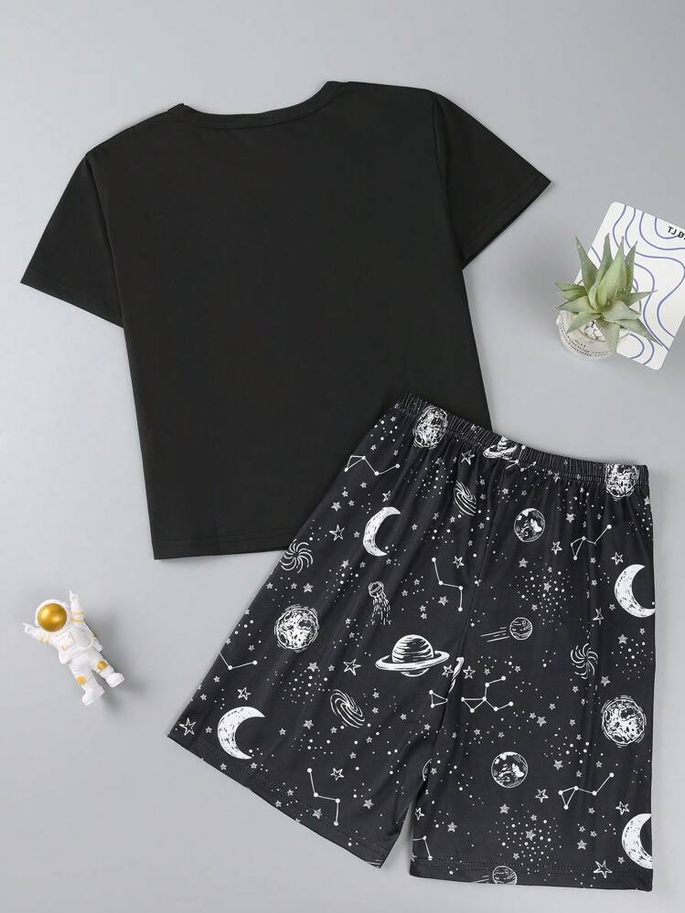 Conjunto de ropa de casa con estampado de planetas espaciales para niños preadolescentes - Negro - Ver 2