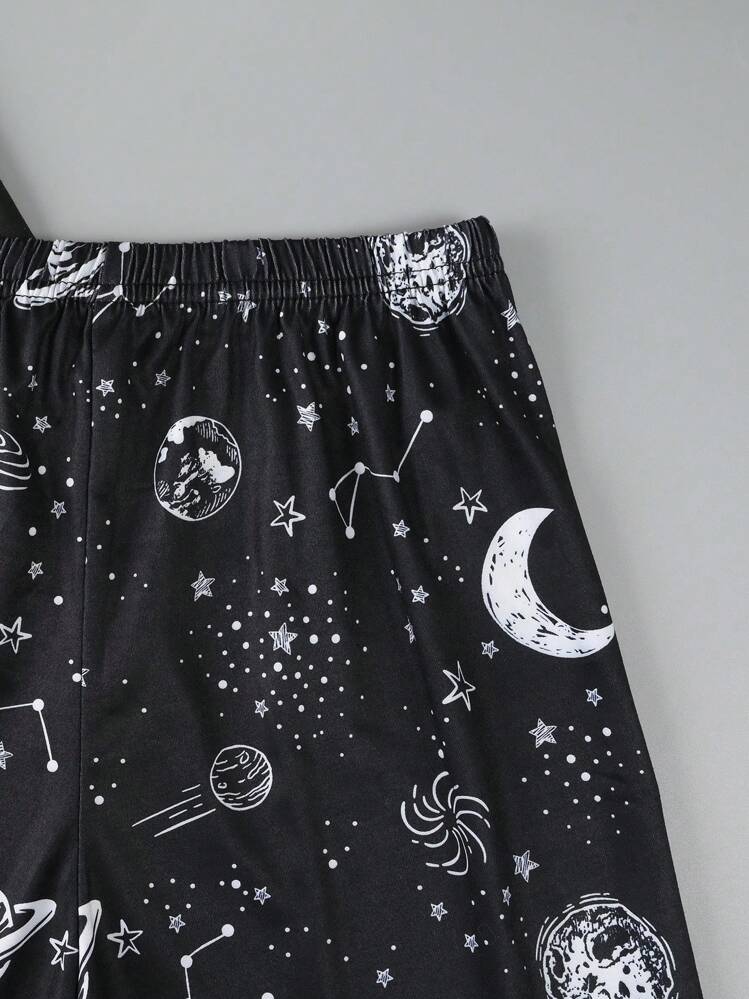 Conjunto de ropa de casa con estampado de planetas espaciales para niños preadolescentes - Negro - Ver 5