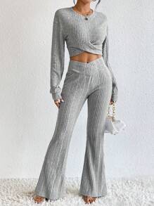 SHEIN Essnce Solid Flare Leg Pants - Light Grey - View 1