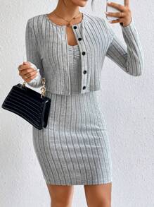 SHEIN Essnce 素色前紐扣夾克&吊帶連衣裙 - 灰色 - 查看 1