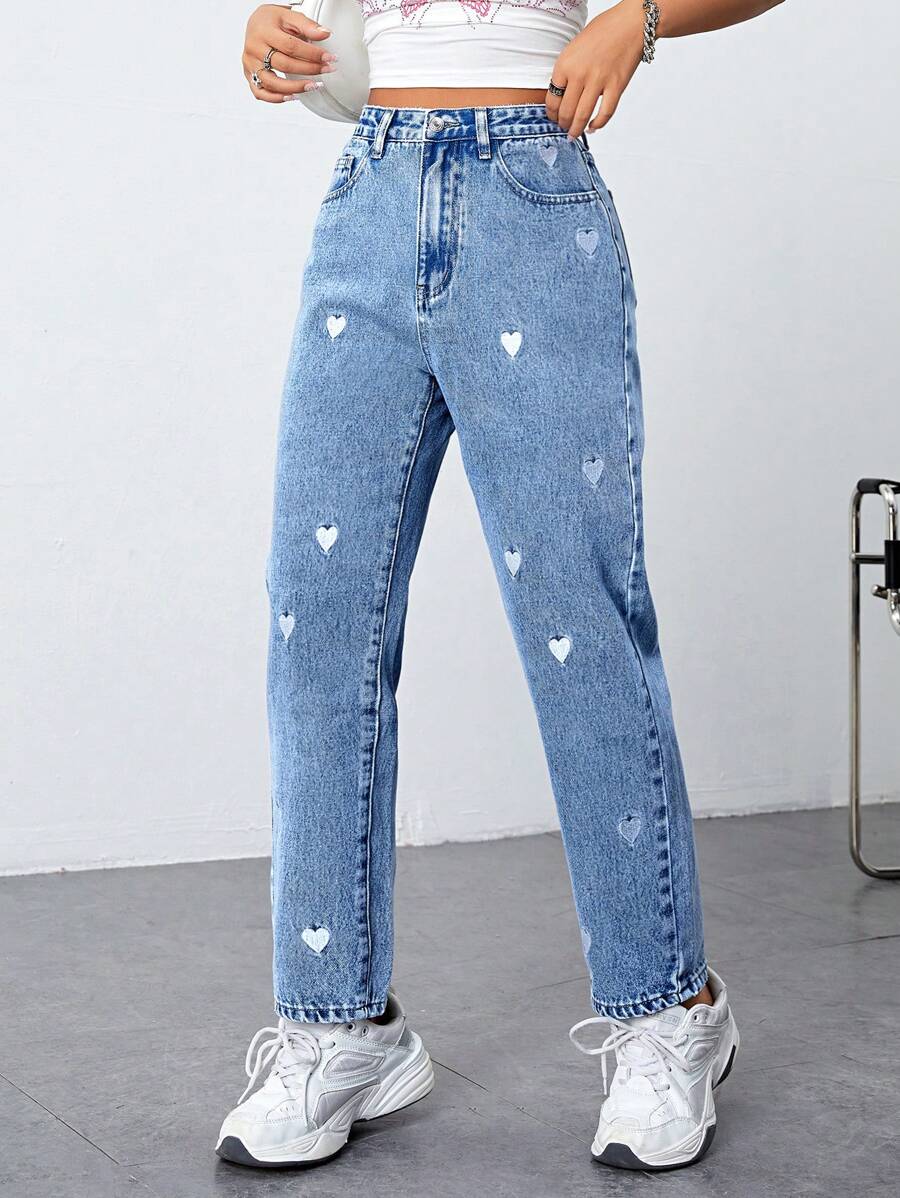SHEIN EZwear Heart Print Slant Pocket Jeans - Medium Wash - View 1