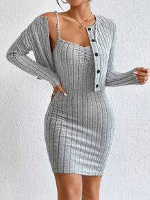 SHEIN Essnce 素色前紐扣夾克&吊帶連衣裙 - 灰色 - 查看 6