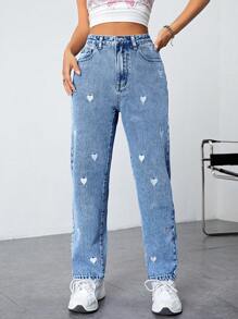 SHEIN EZwear Heart Print Slant Pocket Jeans - Medium Wash - View 3