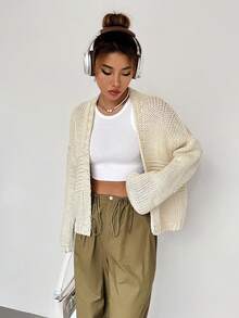 SHEIN Unity 落肩休闲设计开衫 - 杏色 - 查看 3