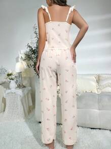 Conjunto de pijama con estampado floral con lazo delantero - Beis - Ver 2