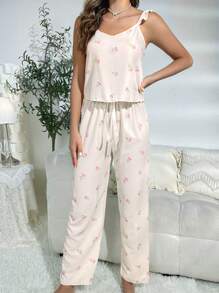 Conjunto de pijama con estampado floral con lazo delantero - Beis - Ver 4