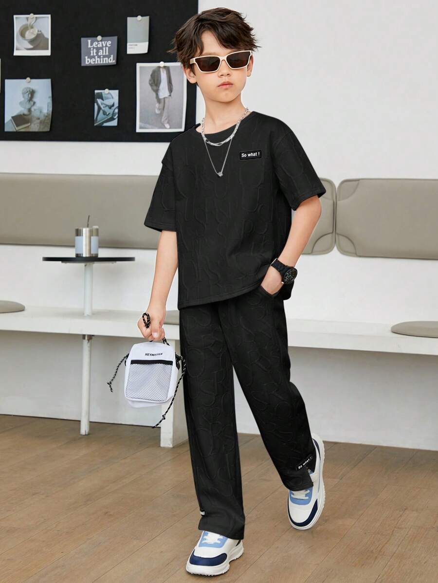 SHEIN Leap Crew Tween Boy Letter Graphic Drop Shoulder Tee & Trousers - Black - View 1
