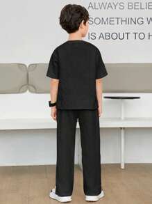 SHEIN Leap Crew Tween Boy Letter Graphic Drop Shoulder Tee & Trousers - Black - View 2