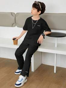 SHEIN Leap Crew Tween Boy Letter Graphic Drop Shoulder Tee & Trousers - Black - View 3