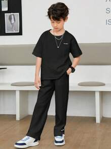SHEIN Leap Crew Tween Boy Letter Graphic Drop Shoulder Tee & Trousers - Black - View 4