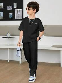 SHEIN Leap Crew Tween Boy Letter Graphic Drop Shoulder Tee & Trousers - Black - View 6