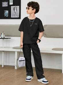 SHEIN Leap Crew Tween Boy Letter Graphic Drop Shoulder Tee & Trousers - Black - View 7