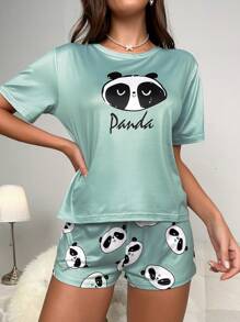 Conjunto de pijama con estampado de panda y letra