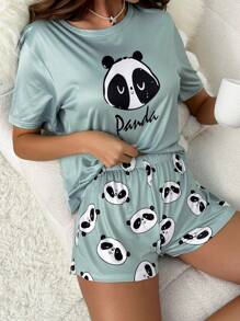 Conjunto de pijama con estampado de panda y letra