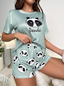 Conjunto de pijama con estampado de panda y letra