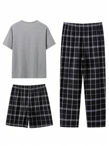 Men Plaid Print Tee & Pants & Shorts PJ Set / Pajama Set, Fall Winter Clothes
