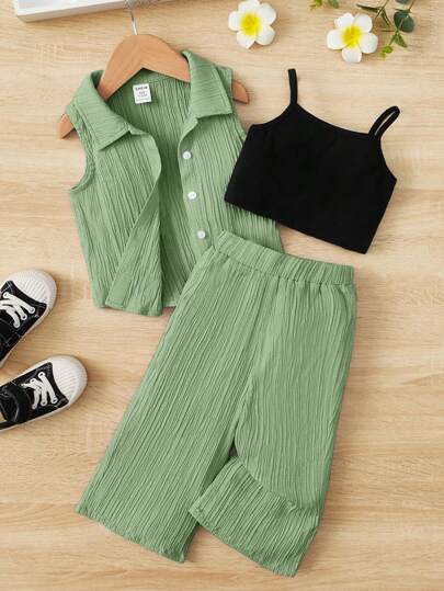 SHEIN 女嬰素色吊帶上衣和褲子&前紐扣襯衫