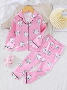 Young Girl Cartoon Graphic Button Front PJ Set - Pink - View 1