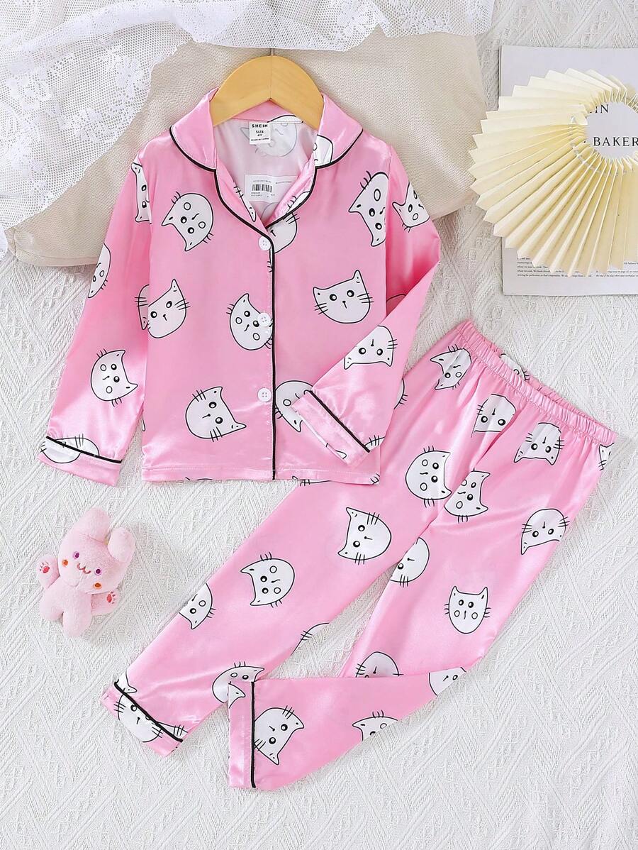 Young Girl Cartoon Graphic Button Front PJ Set - Pink - View 1