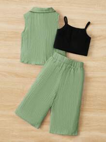 SHEIN 女嬰素色吊帶上衣和褲子&前紐扣襯衫 - 薄荷綠 - 查看 2