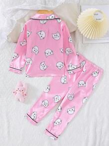 Young Girl Cartoon Graphic Button Front PJ Set - Pink - View 2