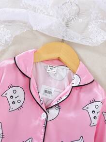 Young Girl Cartoon Graphic Button Front PJ Set - Pink - View 3