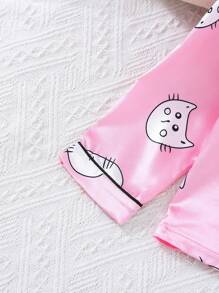 Young Girl Cartoon Graphic Button Front PJ Set - Pink - View 4