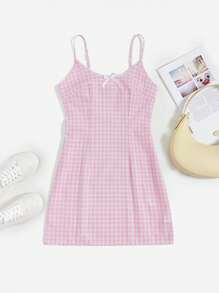 SHEIN EZwear Gingham Print Bow Front Cami Dress - Multicolor - View 1