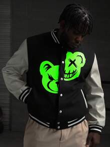 Manfinity VCAY Men Plus Reflective Expression Print Striped Trim Colorblock Varsity Jacket, For Fall Winter - Black and White - View 1