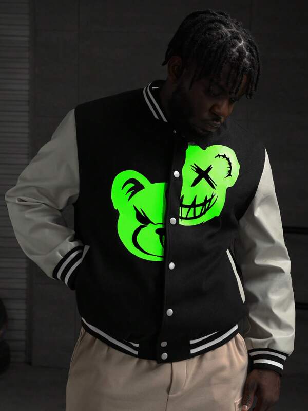 Manfinity VCAY Men Plus Reflective Expression Print Striped Trim Colorblock Varsity Jacket, For Fall Winter