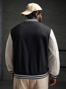 Manfinity VCAY Men Plus Reflective Expression Print Striped Trim Colorblock Varsity Jacket, For Fall Winter - Black and White - View 2