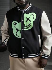 Manfinity VCAY Men Plus Reflective Expression Print Striped Trim Colorblock Varsity Jacket, For Fall Winter - Black and White - View 3