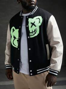 Manfinity VCAY Men Plus Reflective Expression Print Striped Trim Colorblock Varsity Jacket, For Fall Winter - Black and White - View 4