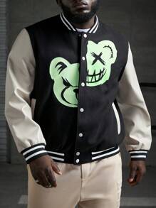 Manfinity VCAY Men Plus Reflective Expression Print Striped Trim Colorblock Varsity Jacket, For Fall Winter - Black and White - View 6