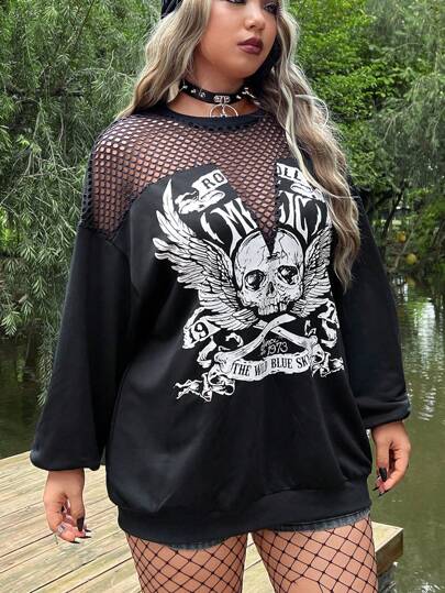 ROMWE PUNK Plus Skull Print Contrast Fishnet Drop Shoulder Sweatshirt, skola