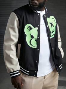 Manfinity VCAY Men Plus Reflective Expression Print Striped Trim Colorblock Varsity Jacket, For Fall Winter - Black and White - View 7