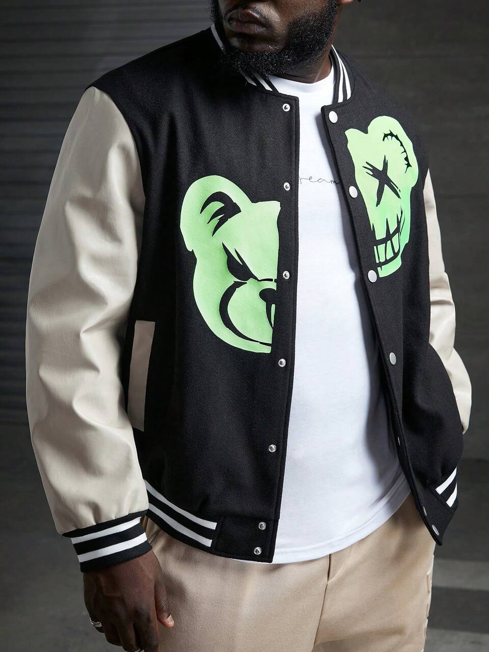 Men Plus Reflective Expression Print Striped Trim Colorblock Varsity Jacket, For Fall Winter