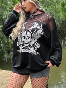 ROMWE PUNK Plus Skull Print Contrast Fishnet Drop Shoulder Sweatshirt, School