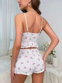 Floral Print Contrast Lace Ruffle Hem PJ Set - Baby Pink - View 2