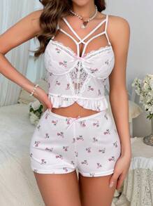Floral Print Contrast Lace Ruffle Hem PJ Set - Baby Pink - View 3